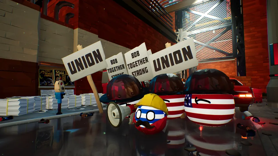 Шарообразные герои с плакатами в промышленной локации Bang-On Balls: Chronicles